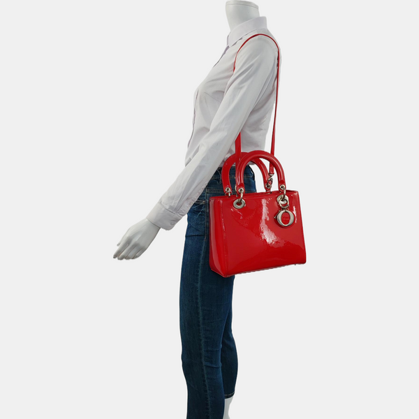 Authenticated pre-owned Lady Dior Medium Patent Leather Red - Shoulder Bag at Looply