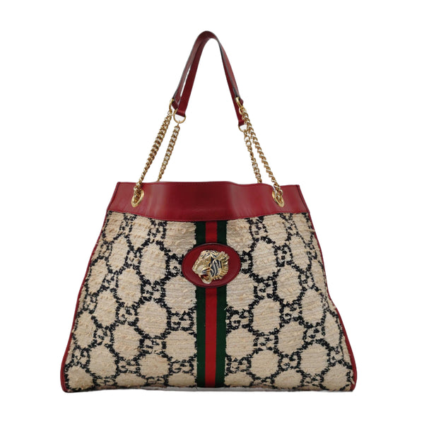 Authenticated pre-owned Rajah Large Monogram Wool Beige - Top Handle Bag at Looply