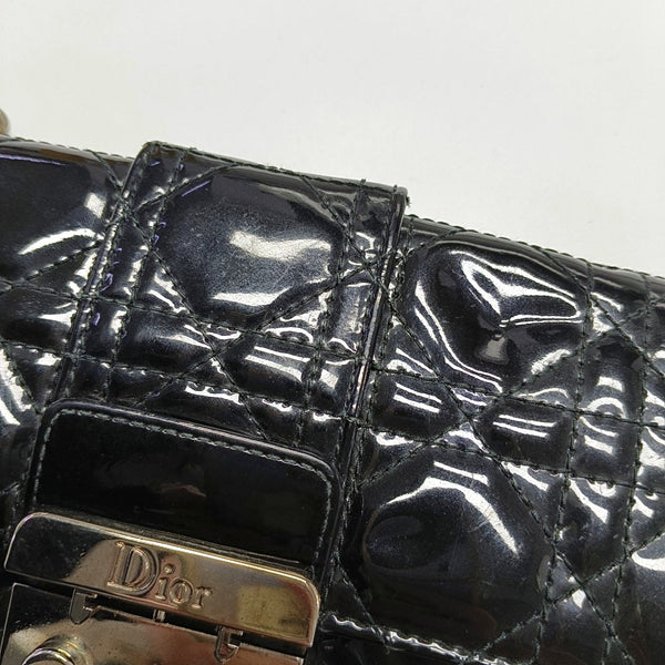 Authenticated pre-owned Miss Dior Quilted Damier Patent Leather Black - Top Handle Bag at Looply