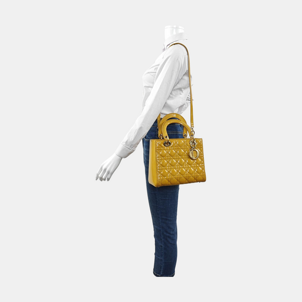 Authenticated pre-owned Lady Dior Cannage Patent Leather Yellow - Shoulder Bag at Looply