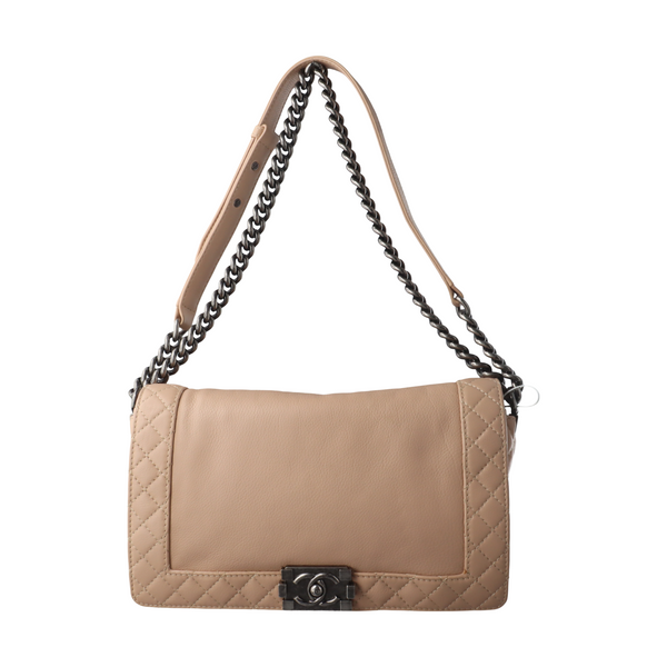 Authenticated pre-owned Boy Chanel Large Quilted Calfskin Beige - Crossbody Bag at Looply