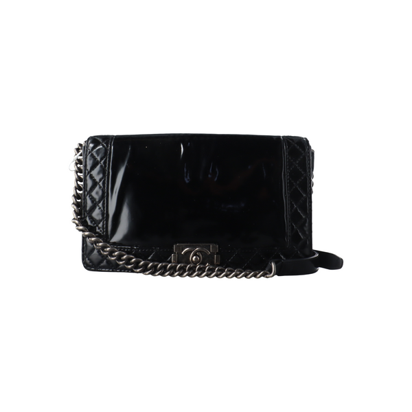 Authenticated pre-owned Boy Chanel Large Quilted Patent Leather Black - Handbags at Looply