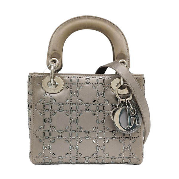 Authenticated pre-owned Lady Dior Mini Silk Satin Gray - Shoulder Bag at Looply
