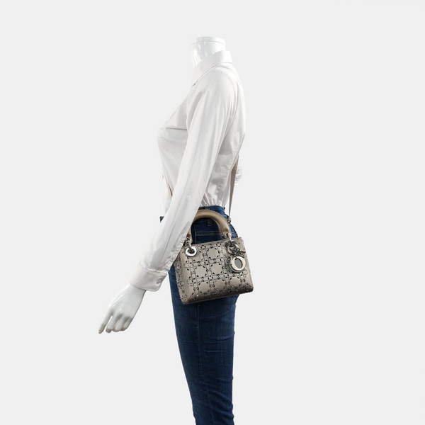 Authenticated pre-owned Lady Dior Mini Silk Satin Gray - Shoulder Bag at Looply