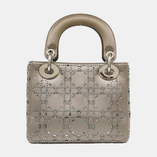 Authenticated pre-owned Lady Dior Mini Silk Satin Gray - Shoulder Bag at Looply