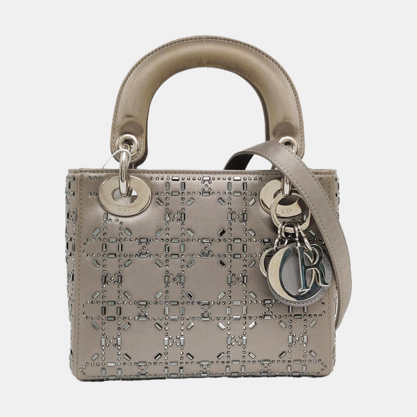 Authenticated pre-owned Lady Dior Mini Silk Satin Gray - Shoulder Bag at Looply
