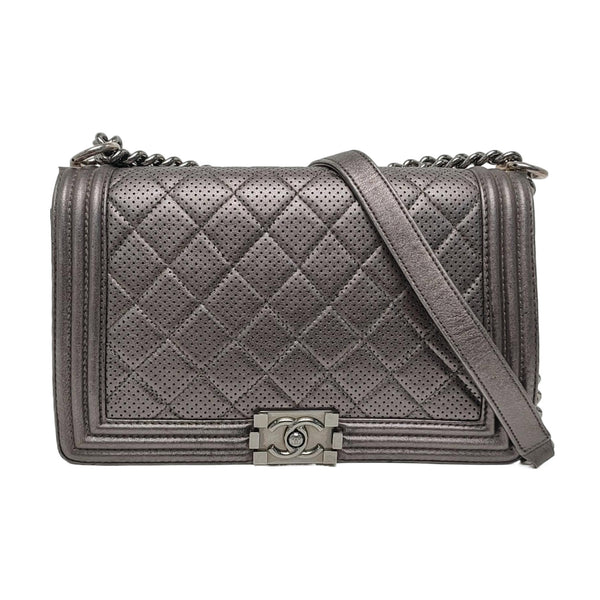 Authenticated pre-owned Boy Chanel Large Quilted Lambskin Gray - Crossbody Bag at Looply