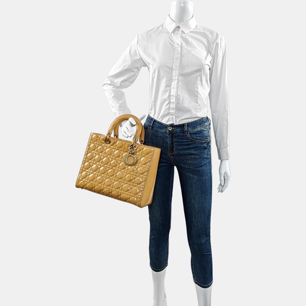 Authenticated pre-owned Lady Dior Large Patent Leather Yellow - Top Handle Bag at Looply