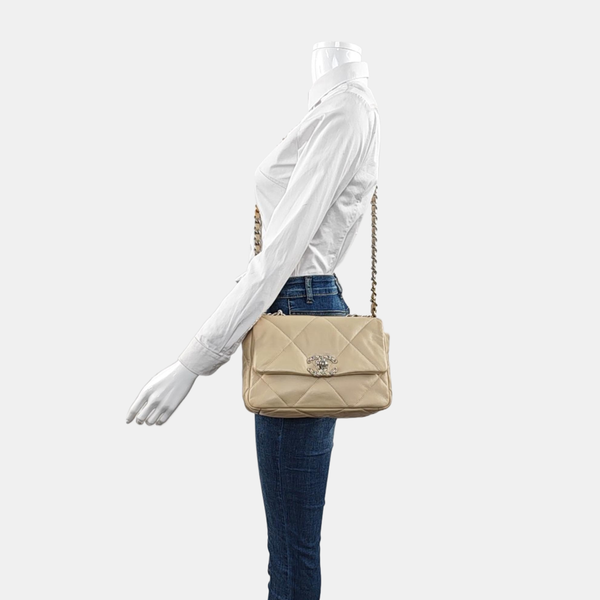Authenticated pre-owned Chanel 19 Quilted Lambskin Beige - Shoulder Bag at Looply