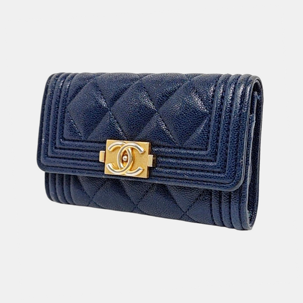 Authenticated pre-owned Boy Chanel Quilted Grained Calfskin Blue Wallet - Wallet at Looply