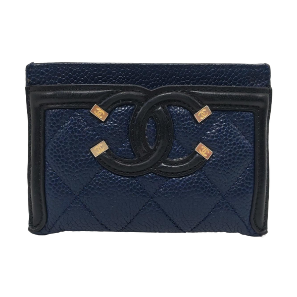 Authenticated pre-owned Filigree Quilted Grained Calfskin Blue Card Holder - Card Holder at Looply