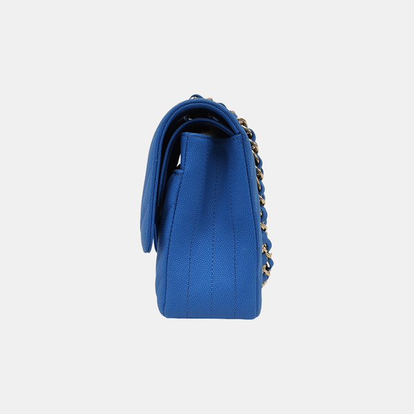 Authenticated pre-owned Classic Flap Medium Chevron Grained Calfskin Blue - Shoulder Bag at Looply
