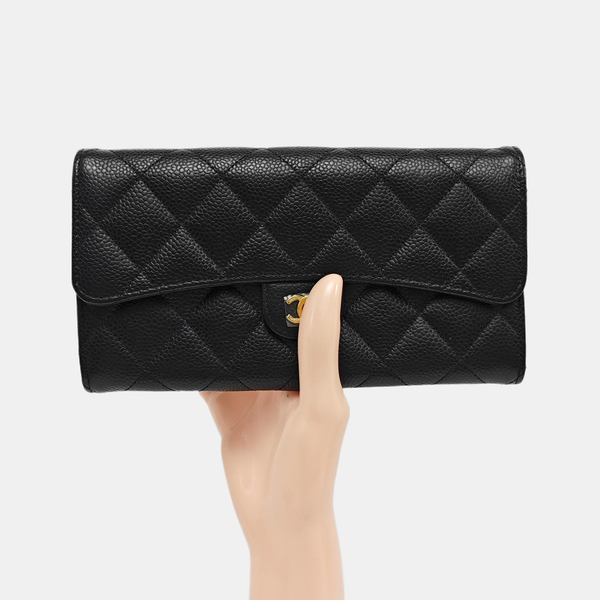 Authenticated pre-owned Classic Flap Quilted Grained Calfskin Black Wallet - Wallet at Looply