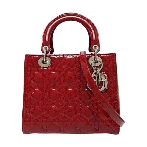 Authenticated pre-owned  Lady Dior Medium Quilted Patent Leather Red - Tote Bag at Looply