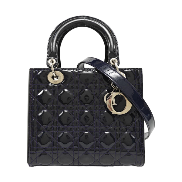 Authenticated pre-owned  Lady Dior Medium Quilted Patent Leather Blue - Tote Bag at Looply