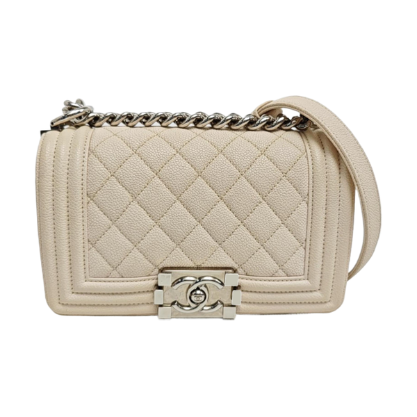 BOY CHANEL Small Quilted Grained Calfskin White