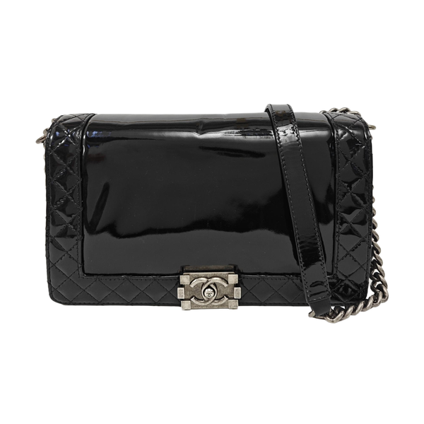 BOY CHANEL Large Quilted Patent Leather Black