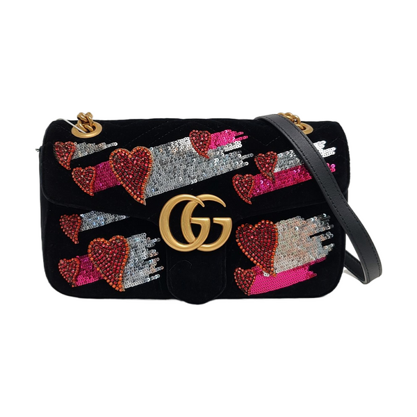 Authenticated pre-owned  GG Marmont Medium Quilted Velvet Black - Shoulder Bag at Looply