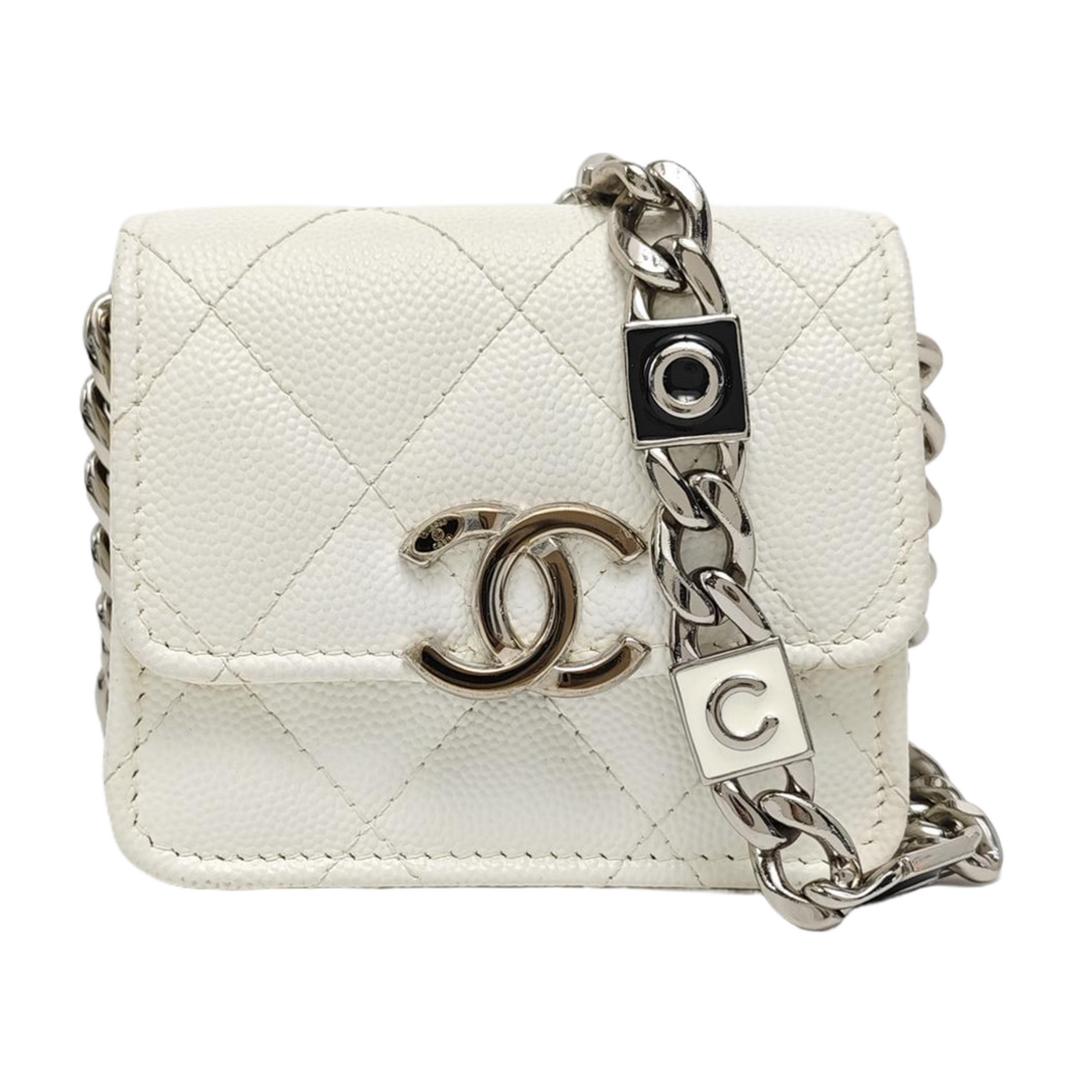 Quilted Grained Calfskin Shoulder Bag White