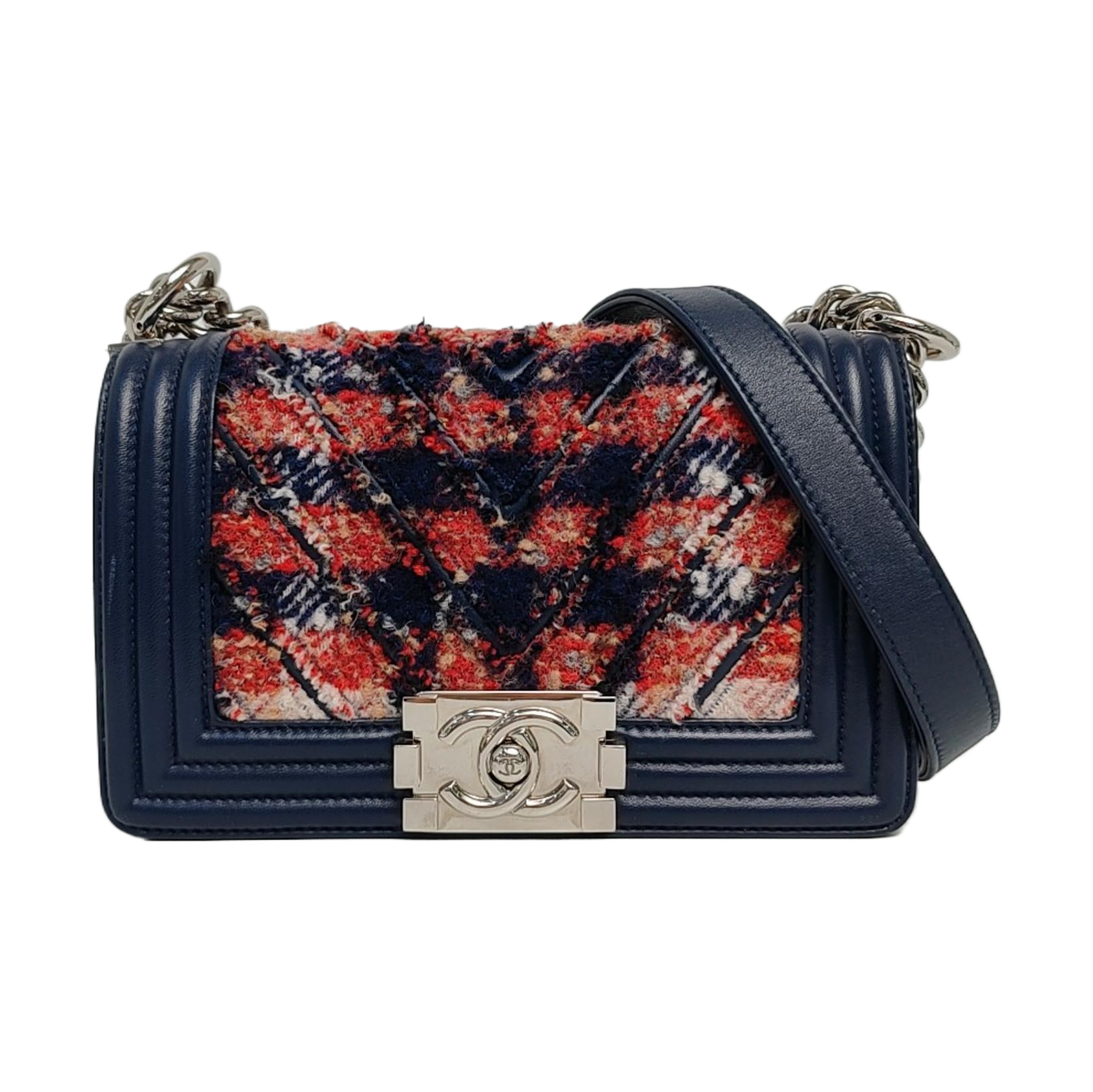 Authenticated pre-owned  BOY CHANEL Small Chevron, Quilted Wool Blue - Shoulder Bag at Looply