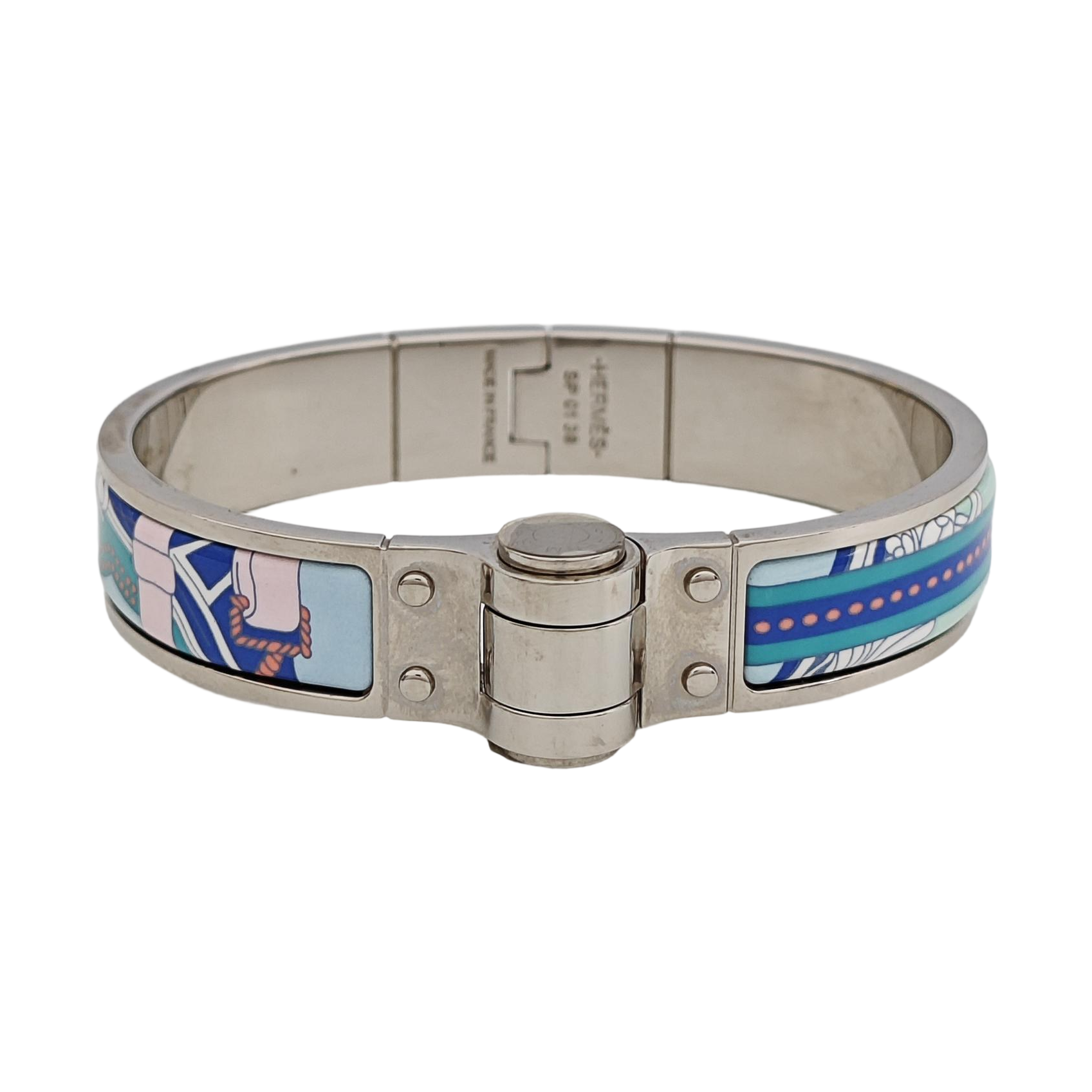 Enamel Hinged Bracelet Metal Silver Bangle