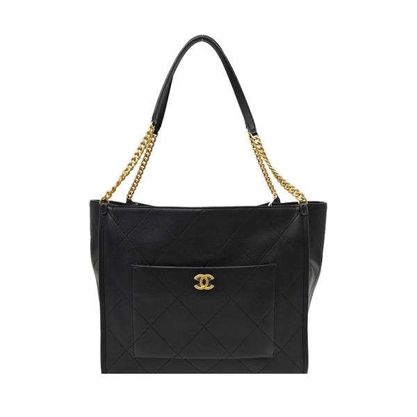 Quilted Grained Calfskin Tote Bag Black