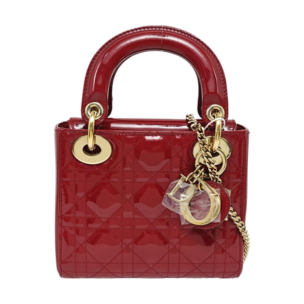 Authenticated pre-owned  Lady Dior Mini Quilted Patent Leather Red - Tote Bag at Looply