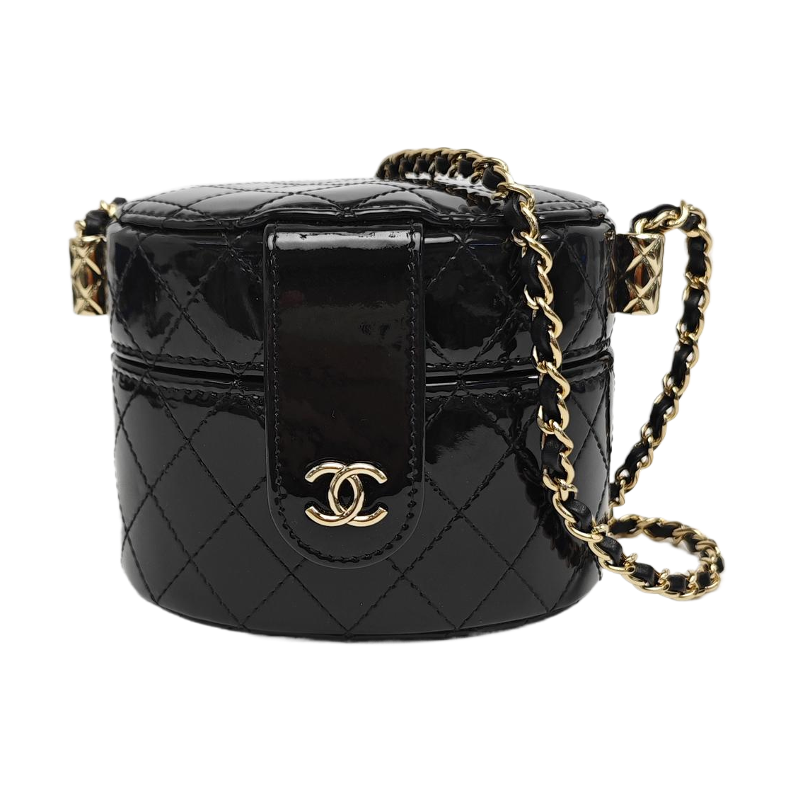 Round Vanity Quilted Patent Leather Black