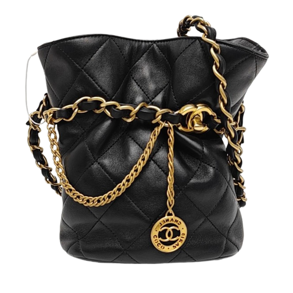 Quilted Lambskin Bucket Bag Small Black