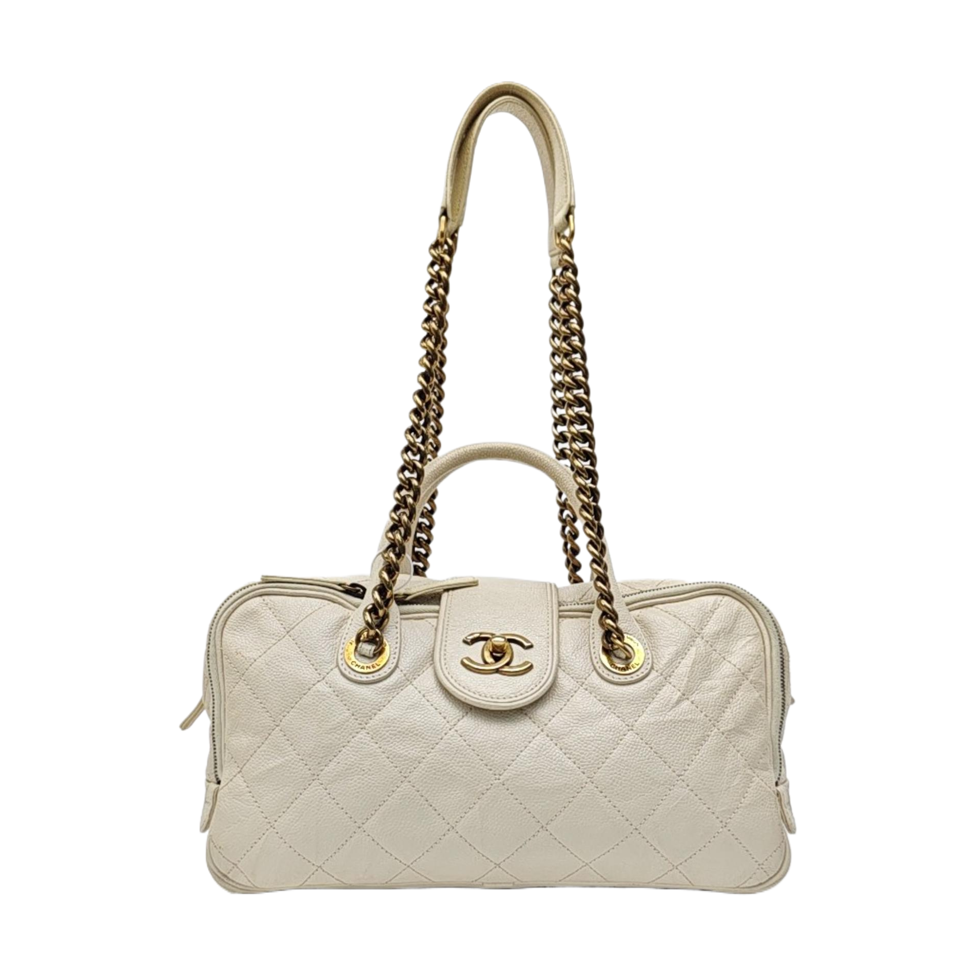 Quilted Grained Calfskin Shoulder Bag White
