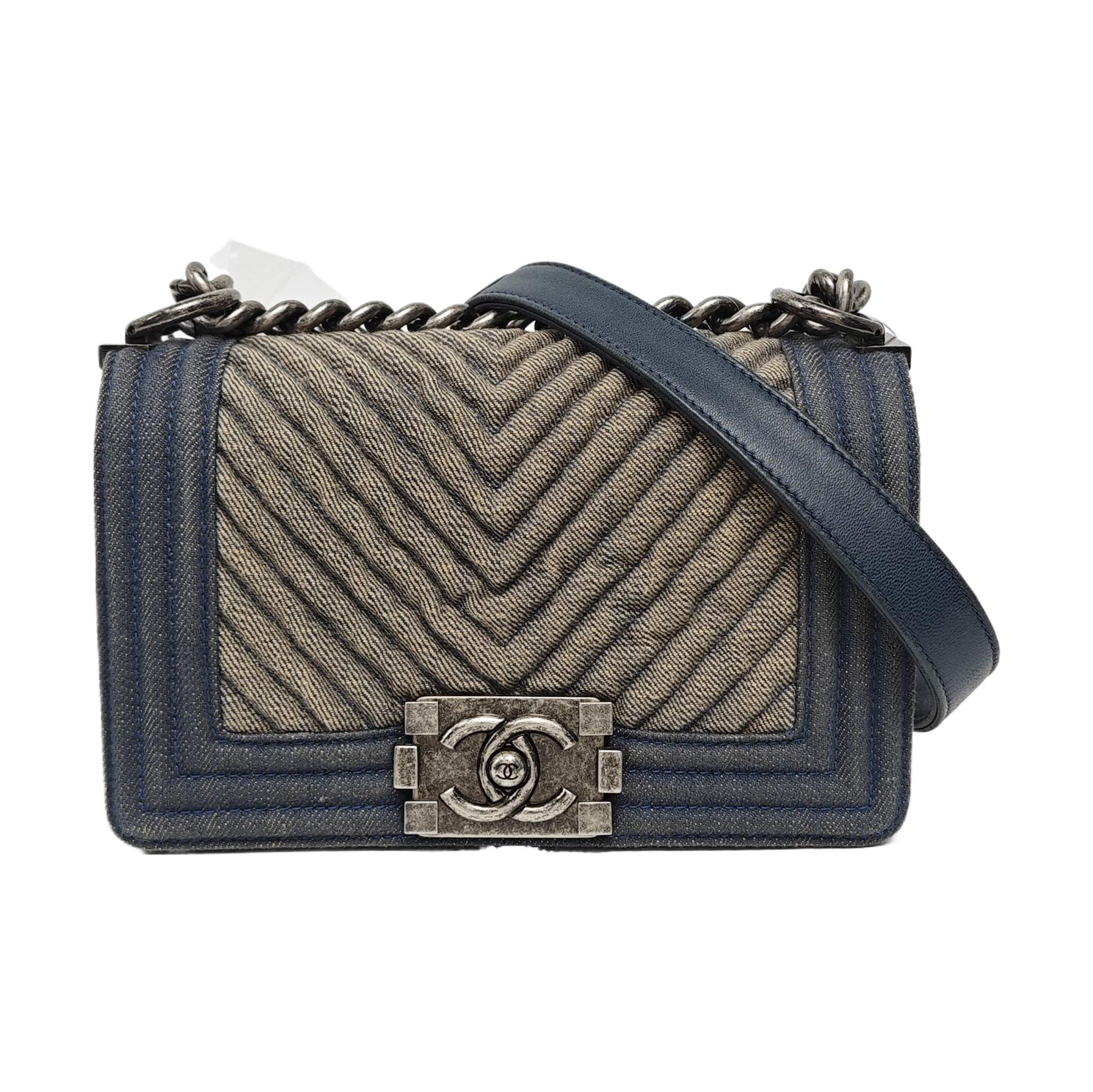 Authenticated pre-owned  BOY CHANEL Small Chevron, Quilted Denim Beige - Crossbody Bag at Looply