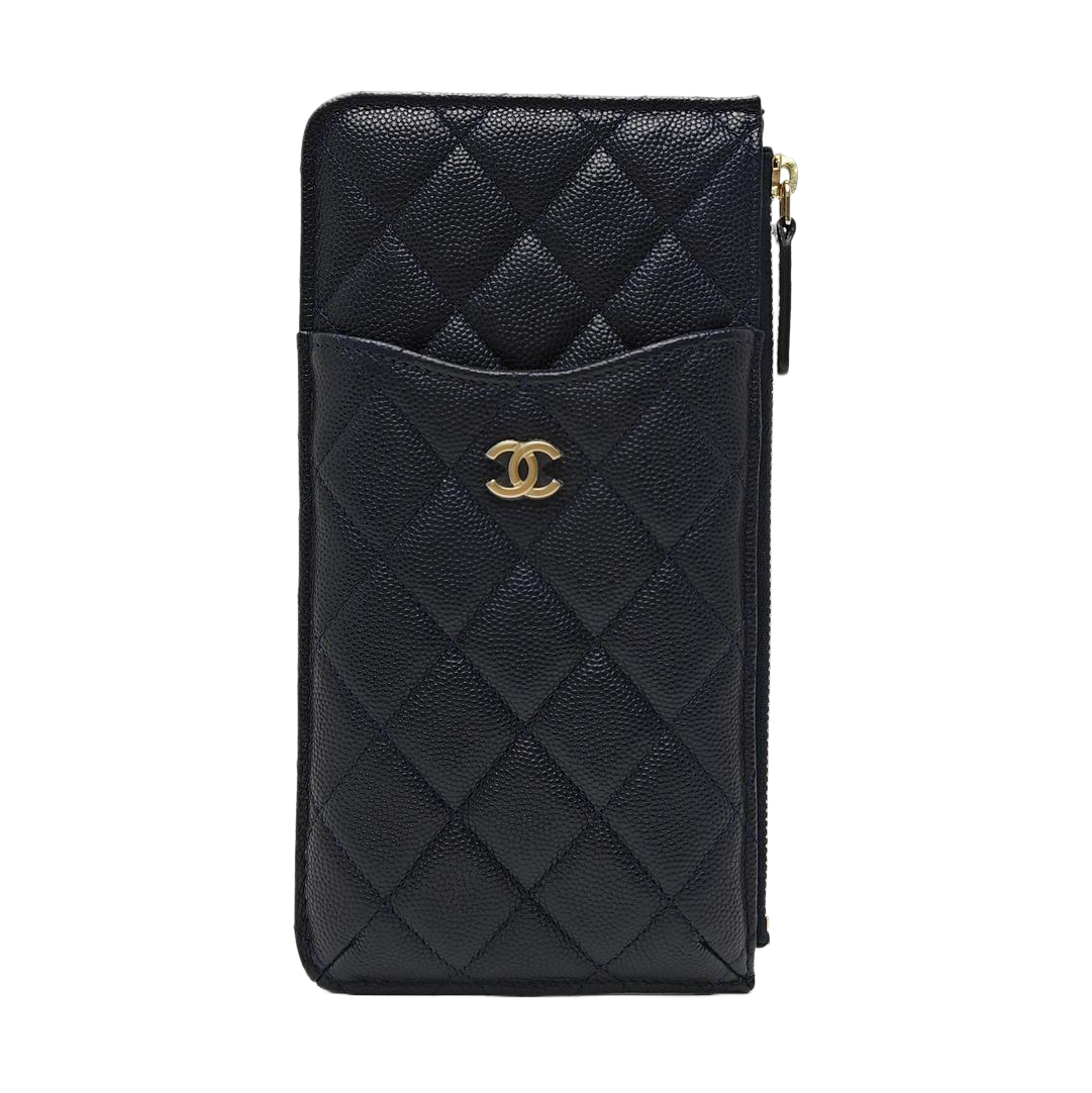 Quilted Grained Calfskin Card Holder Blue