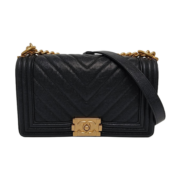 Authenticated pre-owned  BOY CHANEL Medium Chevron, Quilted Grained Calfskin Black - Shoulder Bag at Looply