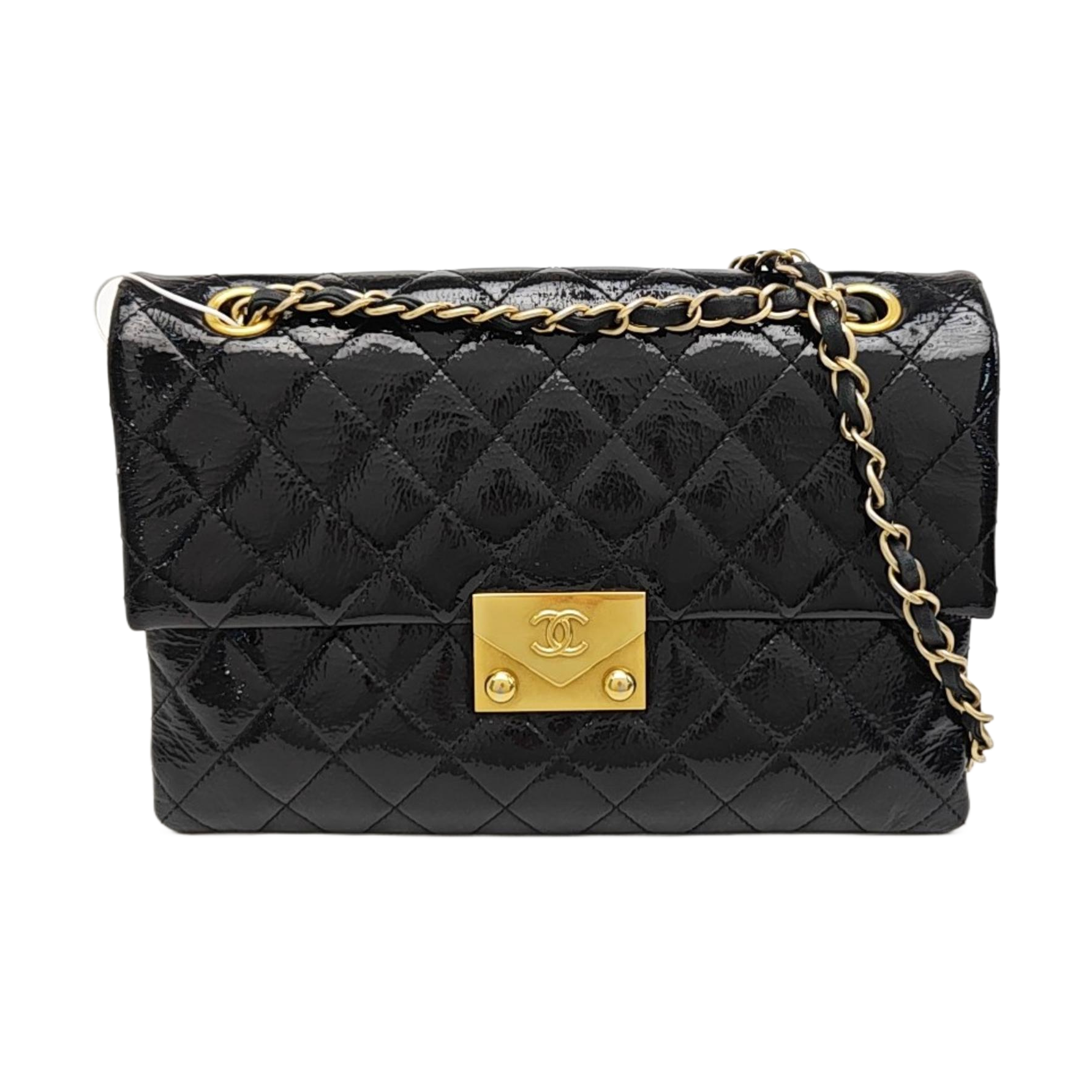 Quilted Patent Leather Shoulder Bag Black