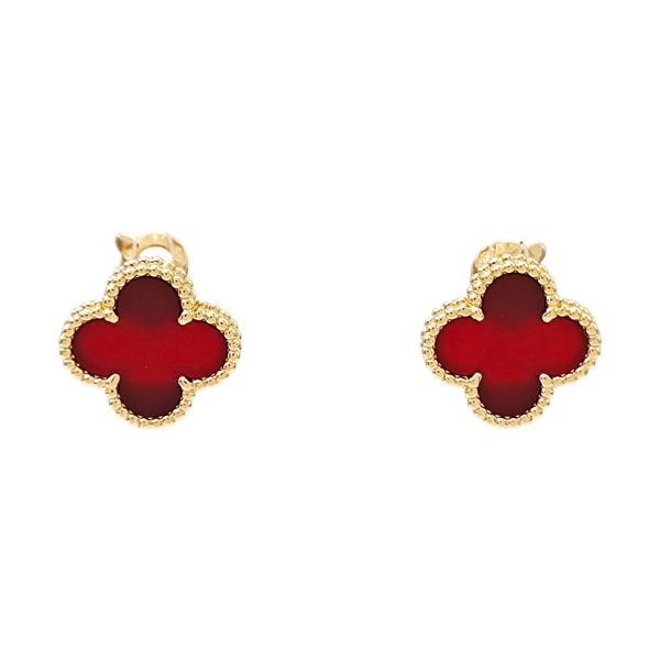 Vintage Alhambra 18k Gold Red Stud Earrings