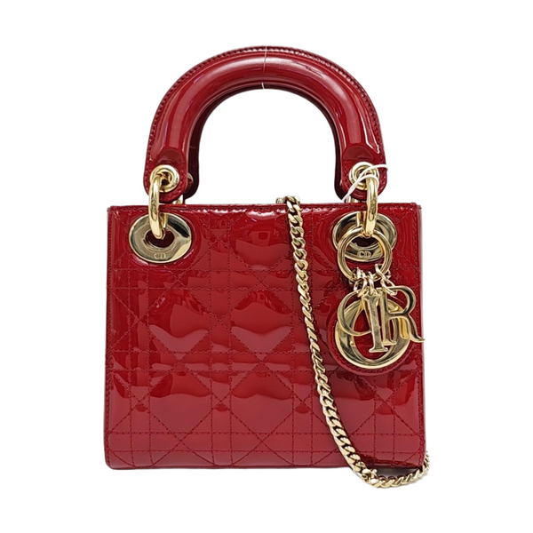 Authenticated pre-owned  Lady Dior Mini Quilted Patent Calfskin Red - Tote Bag at Looply