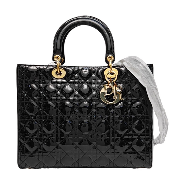 Authenticated pre-owned  Lady Dior Large Quilted Patent Leather Black - Tote Bag at Looply