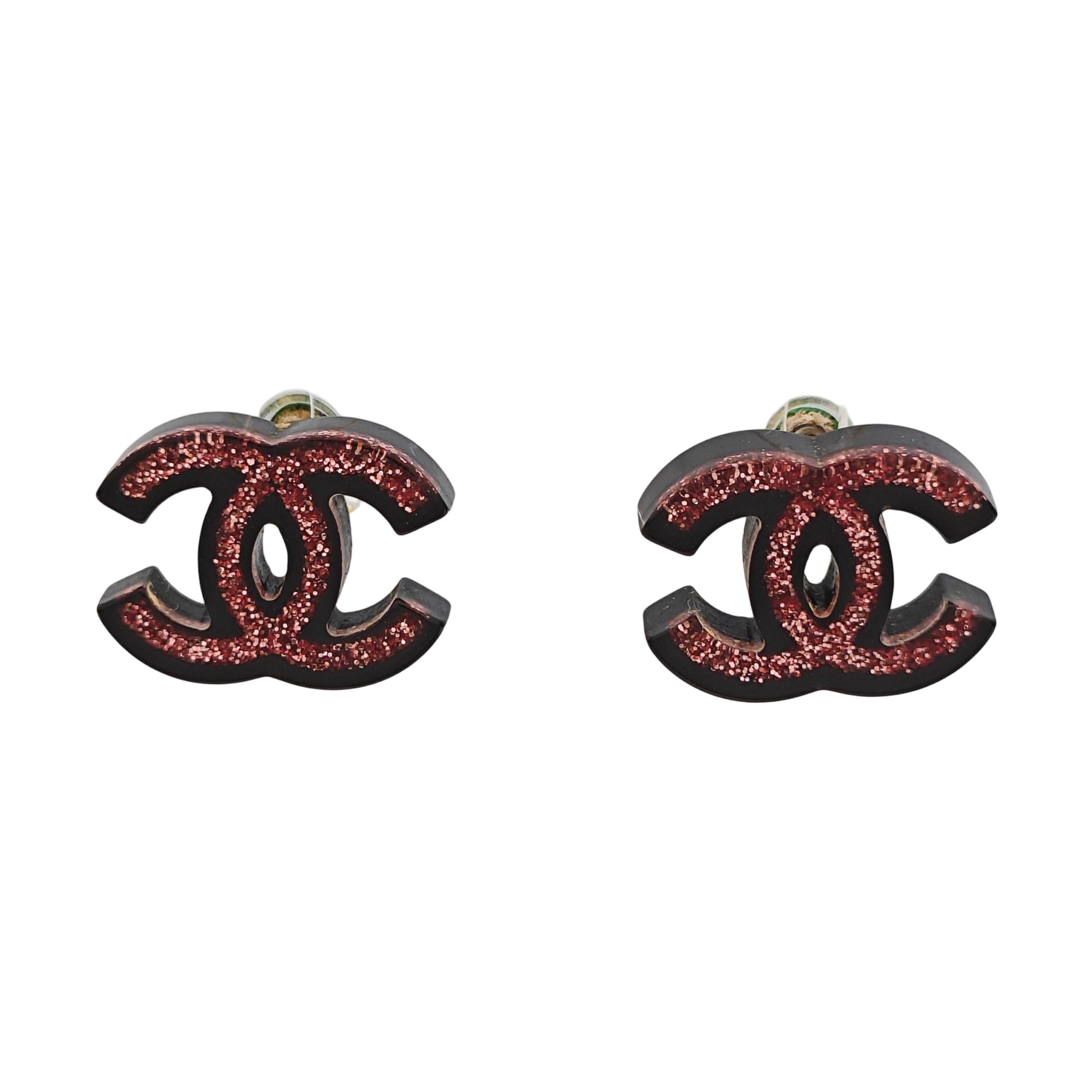 CC Logo Synthetic Material Black Stud Earrings