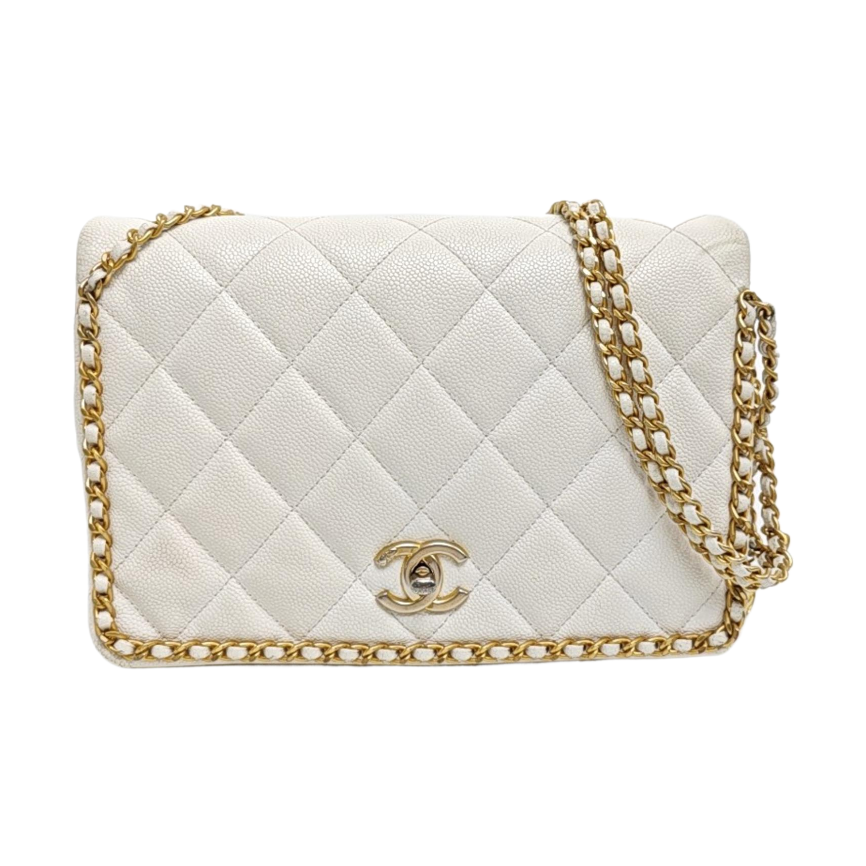 Quilted Grained Calfskin Shoulder Bag Large White