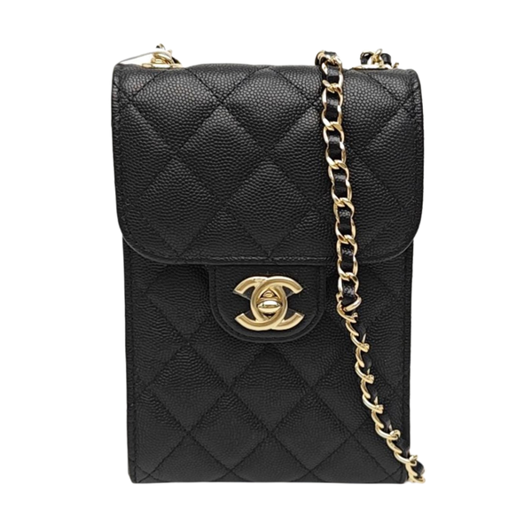 Quilted Grained Calfskin Shoulder Bag Black