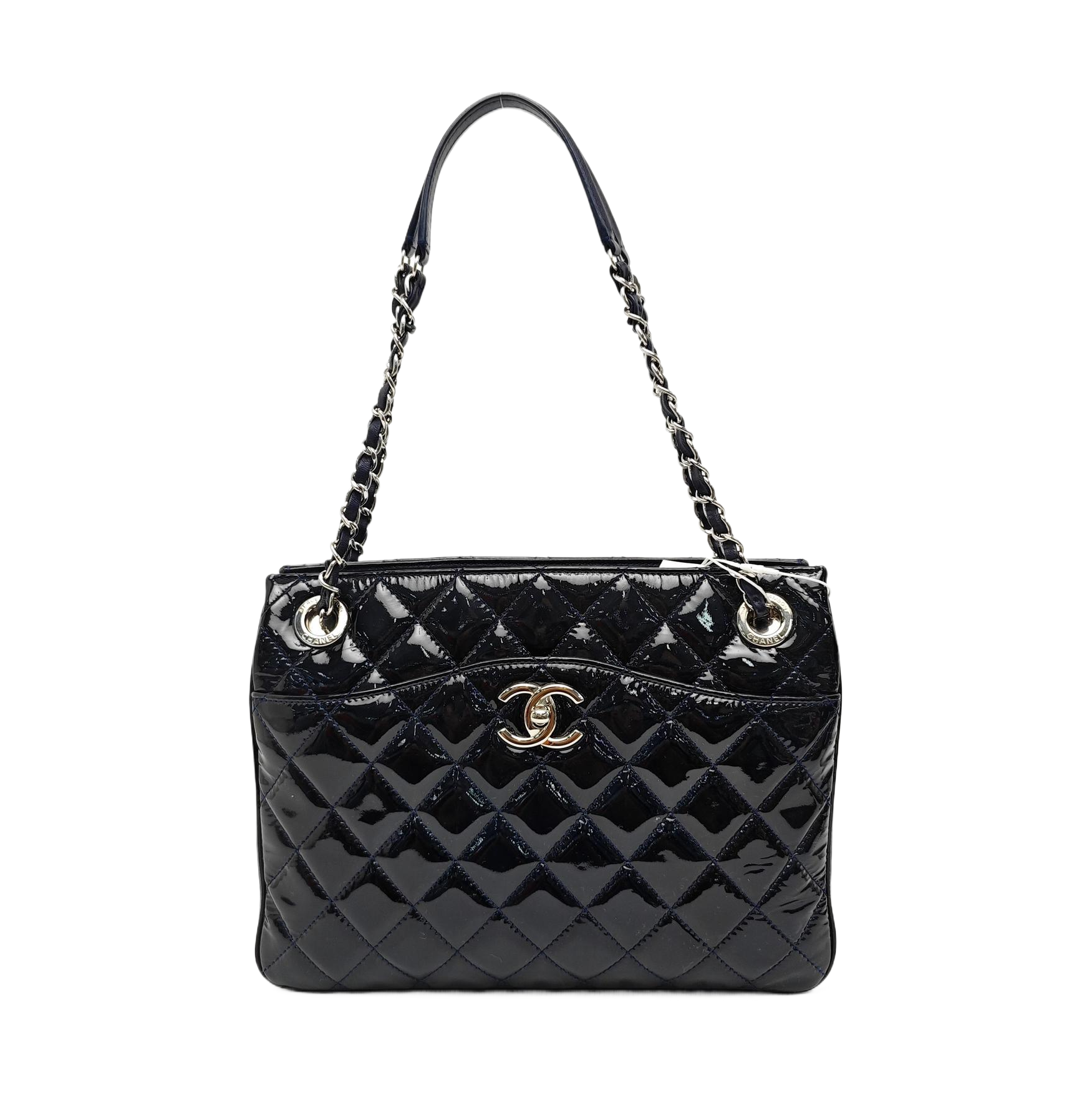 Quilted Patent Leather Top Handle Bag Blue