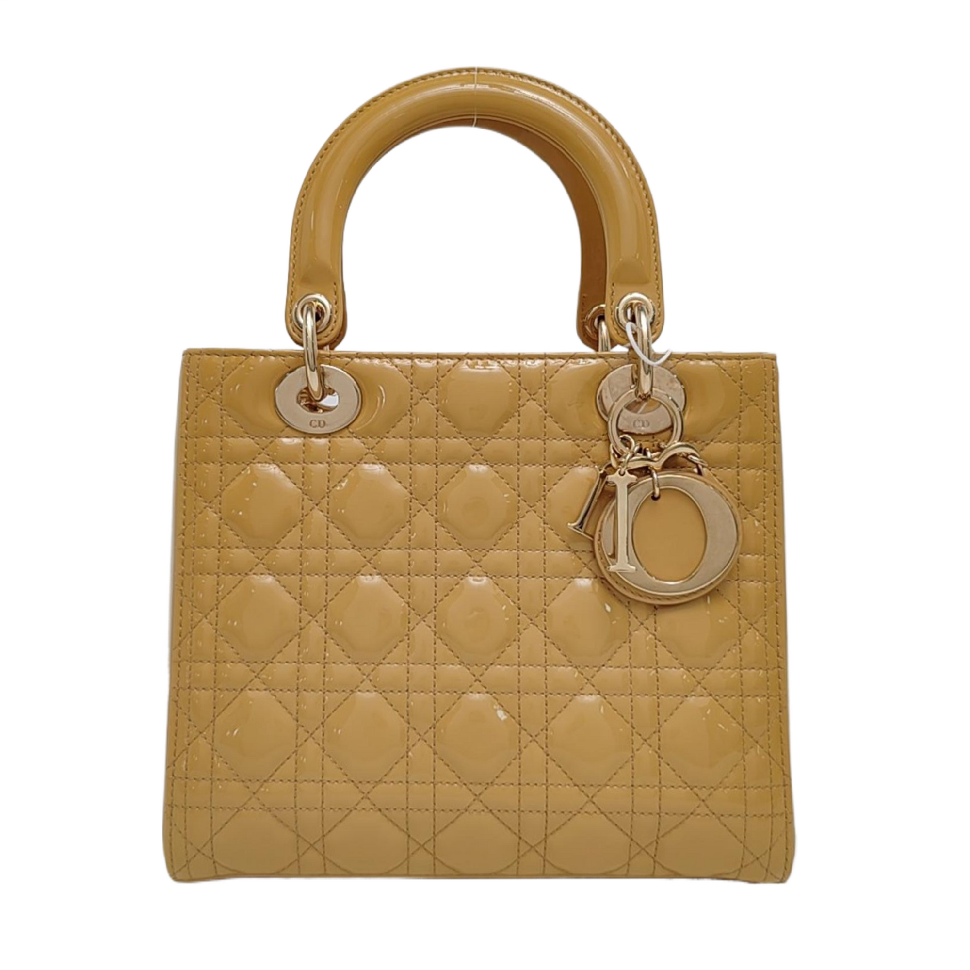 Authenticated pre-owned  Lady Dior Medium Quilted Patent Leather Beige - Top Handle Bag at Looply