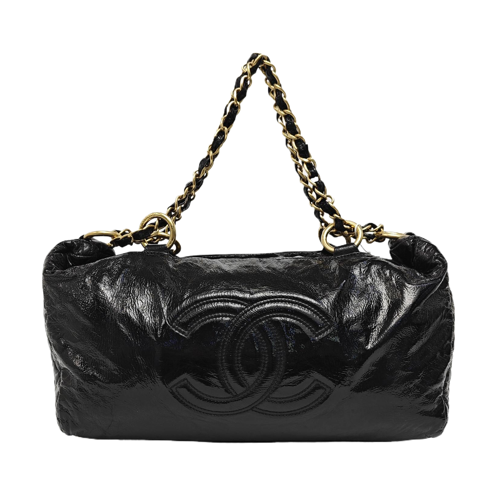 Quilted Patent Leather Top Handle Bag Black