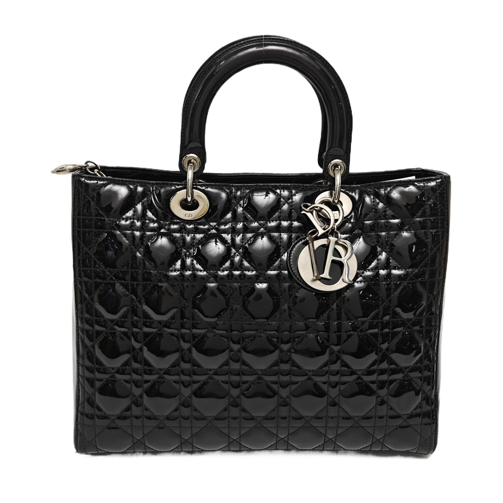 Authenticated pre-owned  Lady Dior Large Quilted Patent Leather Blue - Tote Bag at Looply