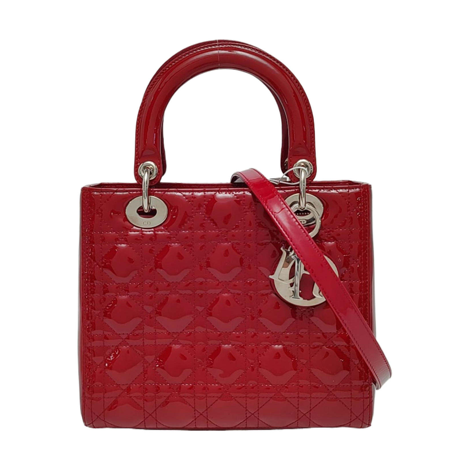 Authenticated pre-owned  Lady Dior Medium Cannage Patent Leather Red - Tote Bag at Looply