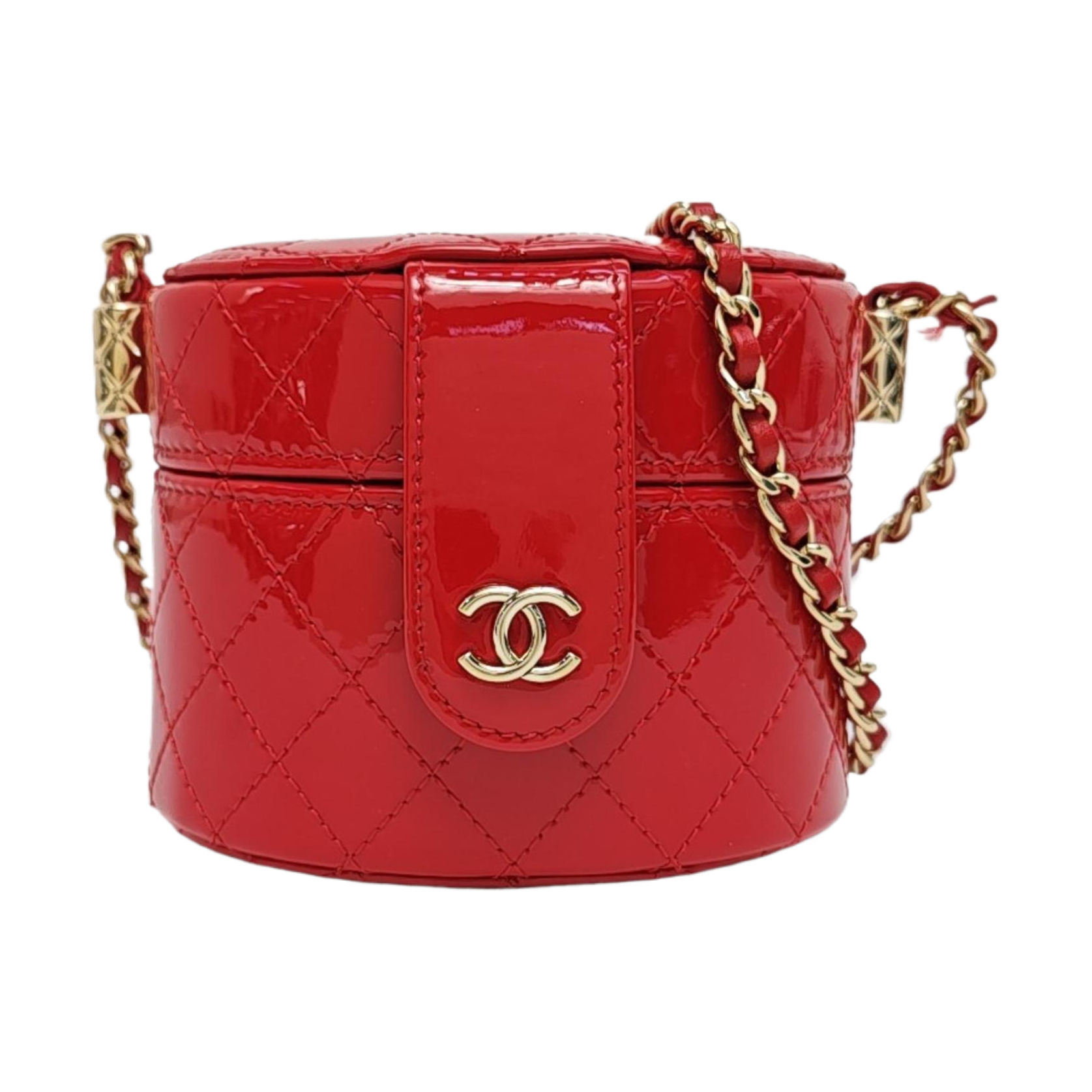 Round Vanity Quilted Patent Leather Red