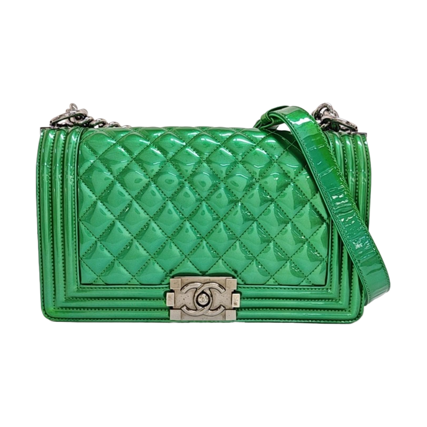 BOY CHANEL Medium Quilted Patent Leather Green