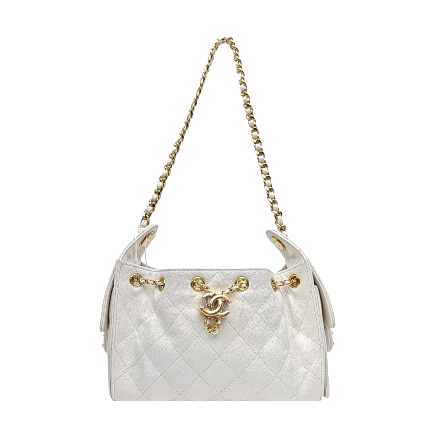 CHANEL 25 Mini Quilted Grained Calfskin White