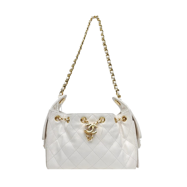 CHANEL 25 Mini Quilted Grained Calfskin White