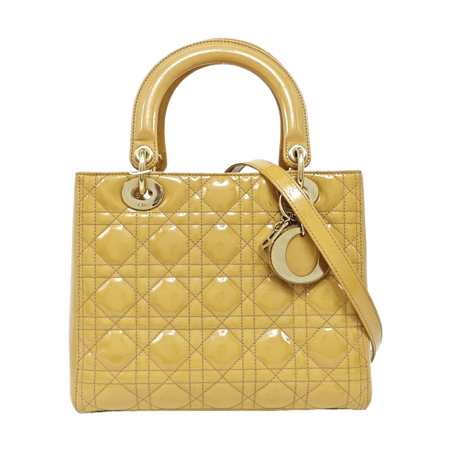 Authenticated pre-owned  Lady Dior Medium Quilted Patent Leather Yellow - Shoulder Bag at Looply